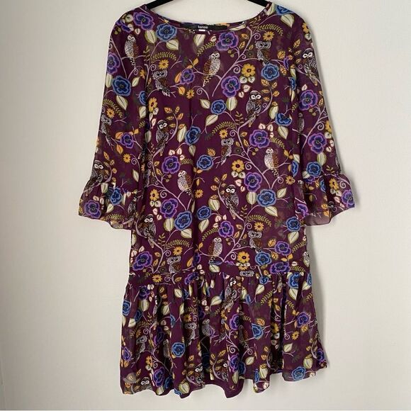 Kensie Women’s 3/4 Princess Sleeve Ruffle Hemline Owl Print 2 pc Midi Dress XS - Picture 1 of 3